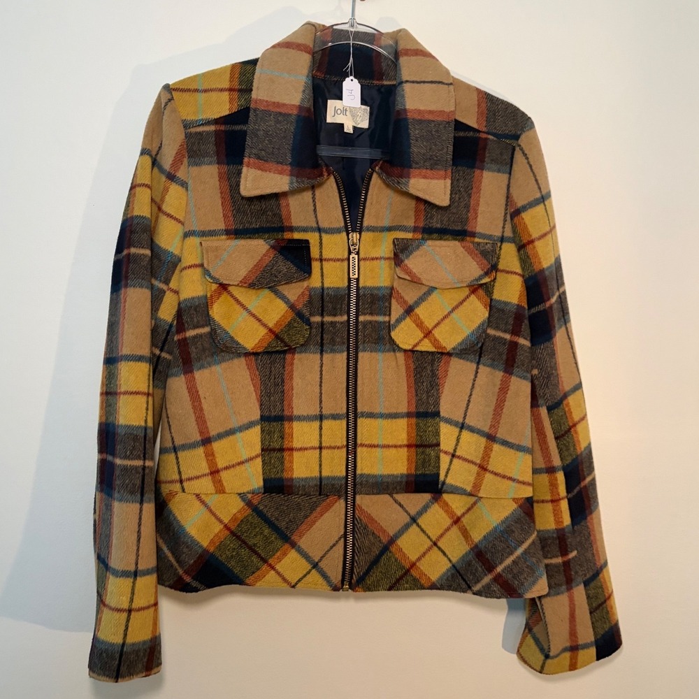 Jolt Womens Plaid Full Zip Jacket Tan Yellow Multi Color Size L